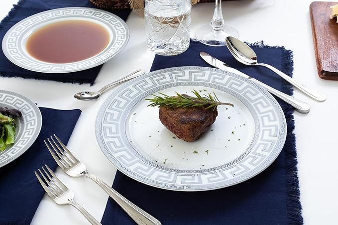 Porcelain 12 Piece Dinnerware Set - Service for 4 - Gorgeous Silver Greek Key Inspired Design - Includes Kitchen Plates, Ceramic Dishes Set for 4 (Meander Silver)