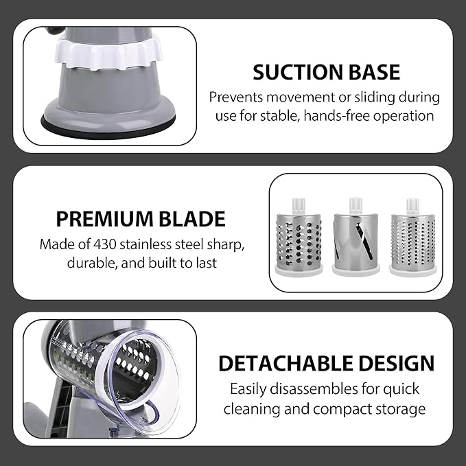 Rotary Cheese Grater Hand Crank with Peeler, Cheese Shredder with 3 Stainless Steel Changeable Blades, Kitchen Food Slicer with Non-Slip Suction Base for Cheese Fruit Vegetables Nuts (Gray)