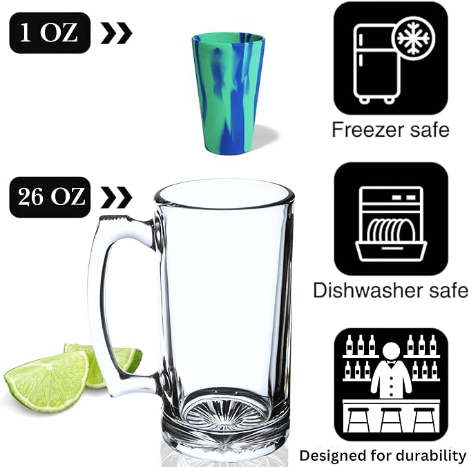 Glass Beer Mug Freezer Safe, 26 oz Mug Beer Stein with Handle, Large