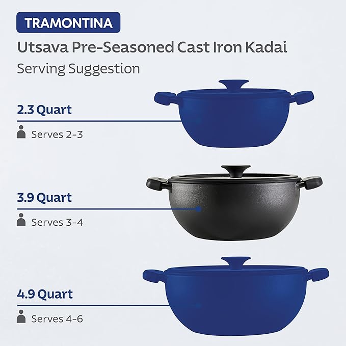Tramontina Utsava 3.9-Quart Pre-Seasoned Cast Iron Kadai with Lid, Kadhai Pot for Indian Cooking