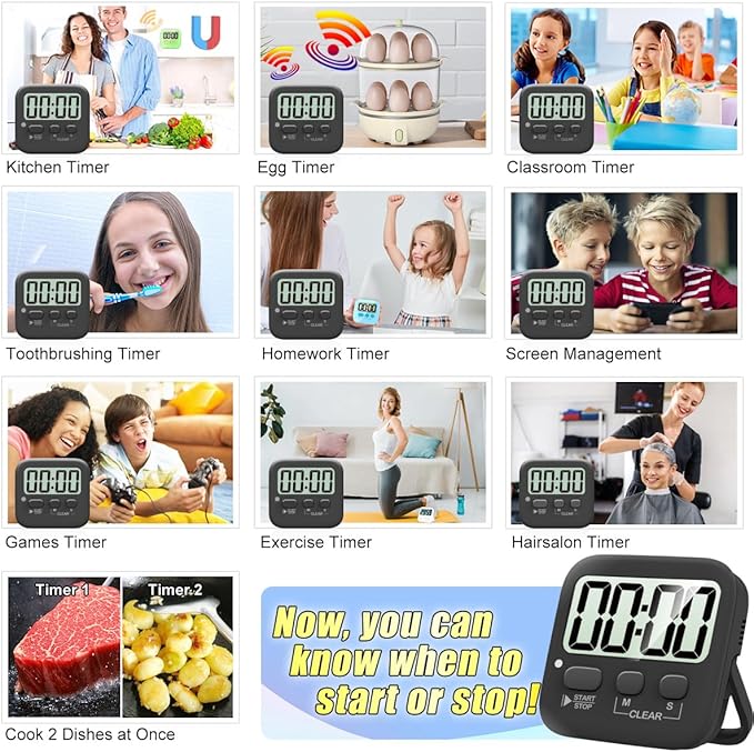 Antonki 2 Pack Digital Timer for Kids, Magnetic Countdown Kitchen Timers for Cooking, Egg, Classroom, Teacher, Exercise, Study, Oven - Battery Included