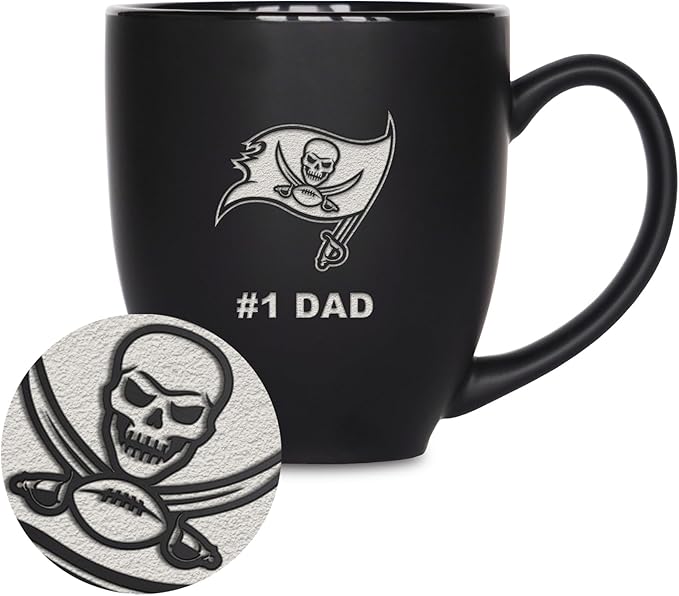 Rico Industries NFL Football #1 Dad 15oz Laser Engraved Matte Black Ceramic Bistro Mug - for Hot or Cold Drinks