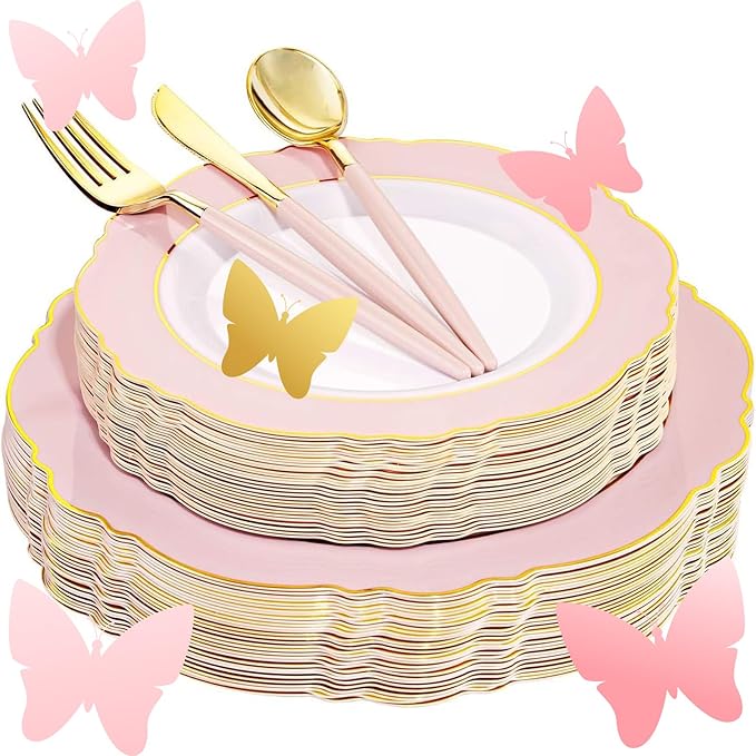 WDF 30Guest Pink Plates Disposable - Hign-end Baroque Design - Gold Plastic Silverware with Handle-Baroque Pink &Gold Plastic Dinnerware for Valentine's Day/Wedding