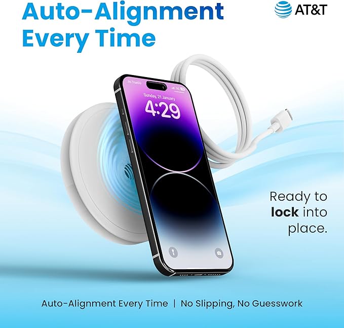 AT&T Qi2 Magnetic Charging Pad – Compact MagSafe Compatible Wireless Charger for iPhone 16/15/14 & Apple Watch – Built-in 4ft USB-C Cable – Nightstand & Travel Ready – White