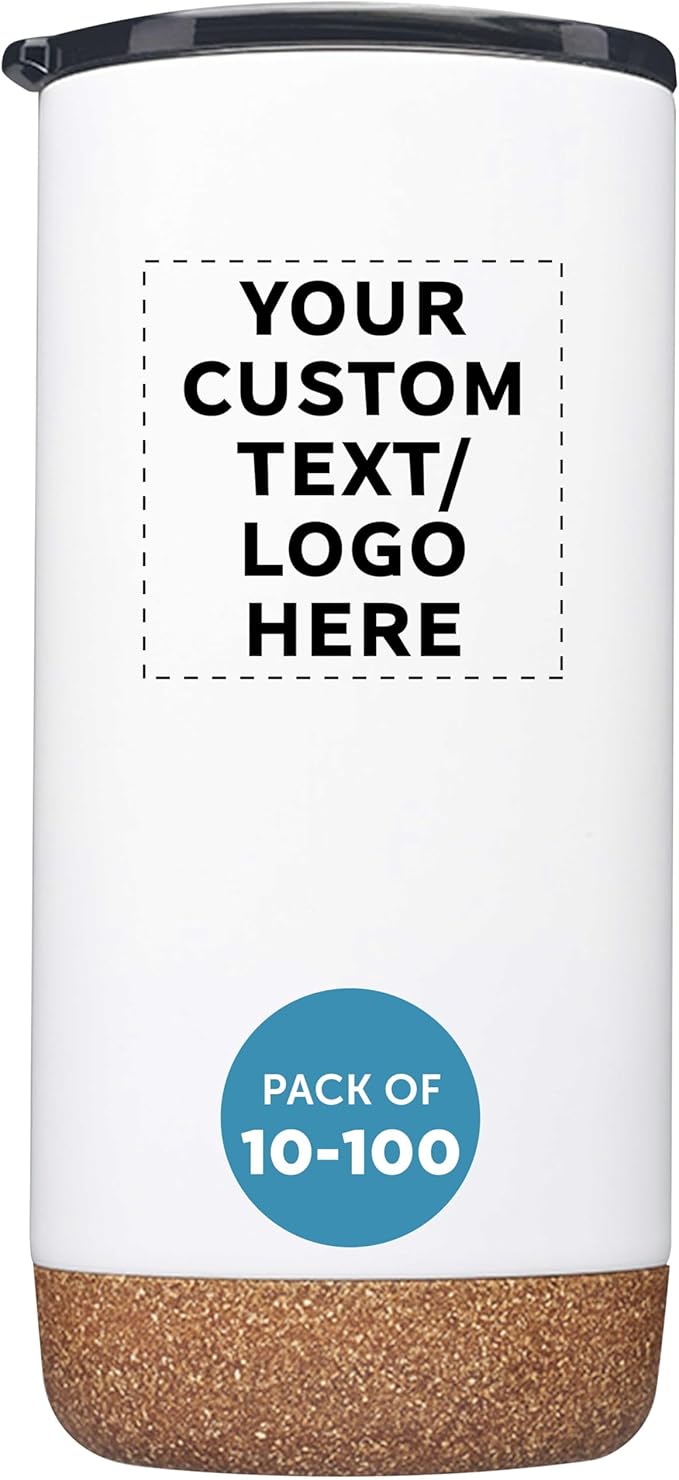 DISCOUNT PROMOS Custom Tumblers Cork Bottom 16 oz Set of 10/50/100 Personalized Bulk Pack Double Wall Insulated Matte Finish Iced Coffee Soda - White