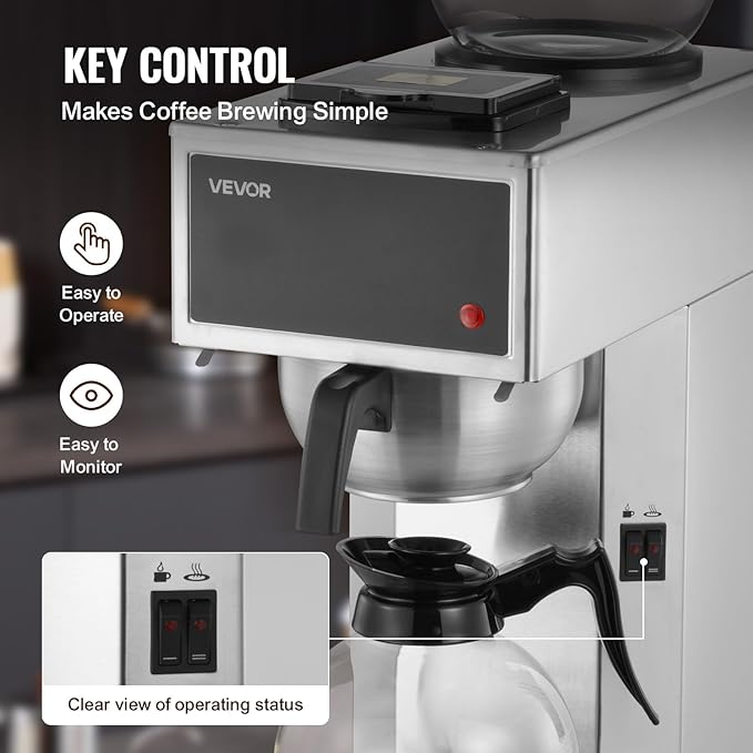 VEVOR Commercial Drip Coffee Maker, 12 Cups Coffee-Maker Machine with 2 Glass Carafes and 2 Decanter Warmer Plates, Stainless Steel Drip Style Coffee Brewer, for Restaurant, Office, Coffee Shop & Home