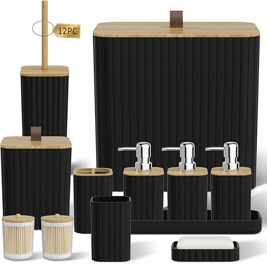 Bathroom Accessory Set - Black Bathroom Set, 12PC Bathroom Accessories Set, Black Bathroom Accessories Set, Mini Trash Can, Toilet Brush, Trash Can & Soap Dispenser