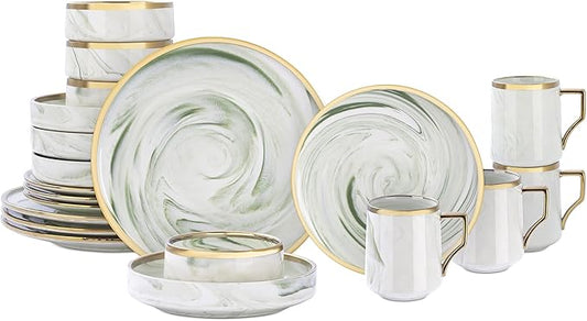 20 Piece Plates and Bowls Sets, Fine China Artisan Marbled Dinner Set for 4, Dishwahser Safe, Scratch Resistant, Green with Gold Line