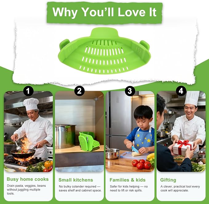 Clip-On Strainer - Universal Silicone Snap-on Colander for Draining Pasta, Vegetables & Grease – Heat-Resistant, BPA-Free, Heat Resistant, Fits Round & Oval Pots/Bowl