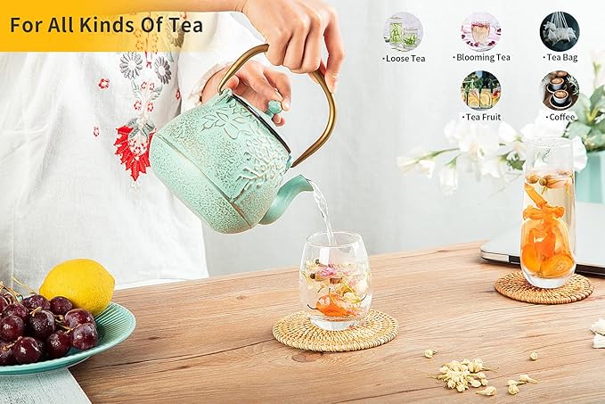 Toptier Tea Kettle for Stove Top, Cast Iron Teapot Stovetop Safe with Infusers for Loose Tea, 54 oz, Light Green