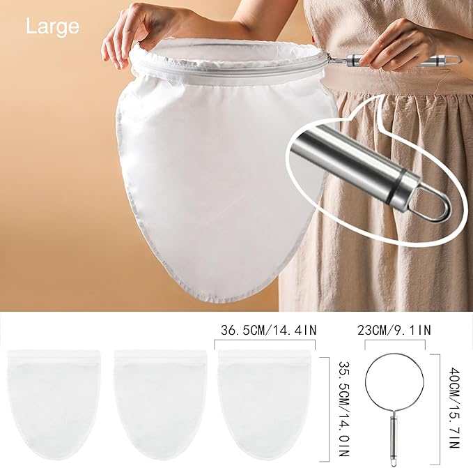 FATCAT Fine Mesh Cheese Cloth, Fine Mesh Strainer Bags, Nut Milk Bag with Stainless Steel Handle, Cheesecloth for Straining, Turkey, Cooking, Cheese, NutMilk, Juices, L