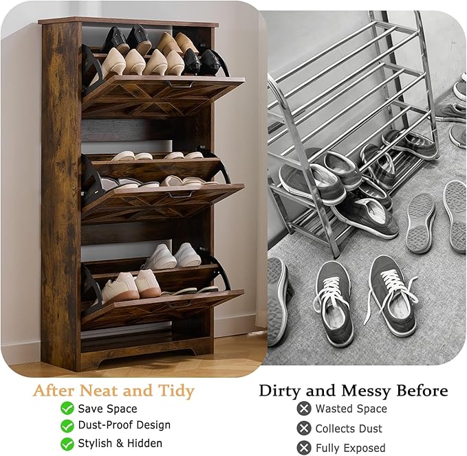 Shoe Storage Cabinet with Bench, Farmhouse Shoe Organizer with Barn Door Design, Space-Saving Hidden Narrow Shoe Rack Cabinet for Entryway, Hallway & Foyer, Brown