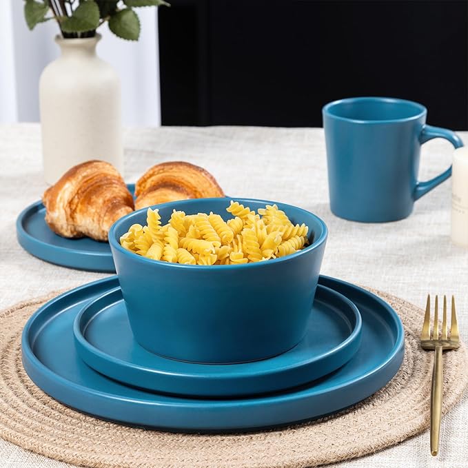 Dinnerware Sets for 4 - CJDC-QUELO 12-Piece Stoneware Plates and Bowls Sets, Ceramic Dishware Sets for Kitchen Use and Formal Dining, Chip and Scratch Resistant Microwave Dishwasher Safe, Blue