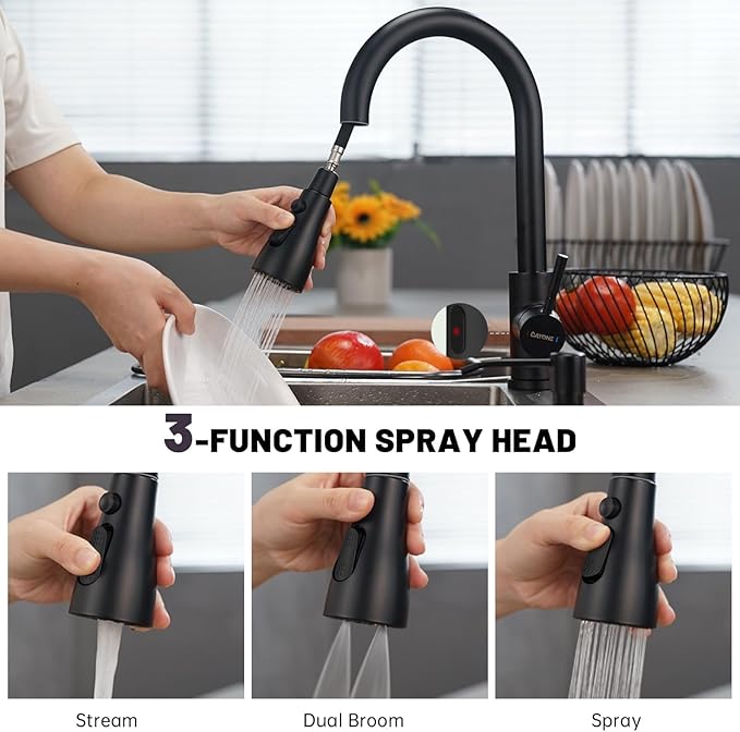 DAYONE Touchless Kitchen Sink Faucet with Pull Down Sprayer and Soap Dispenser, Black 3 Modes Motion Sensor Hands-Free Single Handle Touch Faucet for Kitchen Sink High Arc