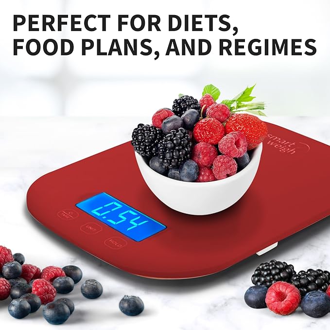 Smart Weigh Red Digital Kitchen Scale for Cooking, Weight Loss, Calorie Tracking, Baking, Food Portion Control, and Meal Prep - Accurate Measurements in Grams and Ounces
