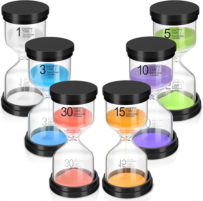 Sand Timer Set, 6 Colors Hourglass Sand Timers 1/3/5/10/15/30 Minutes Sandglass Timers Sand Clock Timer for Classroom Games Home Office Decor Cooking with Protective Cover, 6 Pack