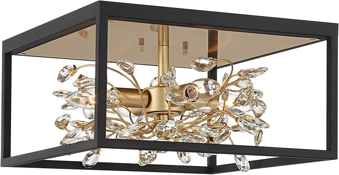 Possini Euro Design Carrine Modern Ceiling Light Flush-Mount Fixture 14 1/4" Wide Black Metal Gold Branches 4-Light Clear Crystal Buds for Bedroom Kitchen Living Room Hallway Bathroom House Home