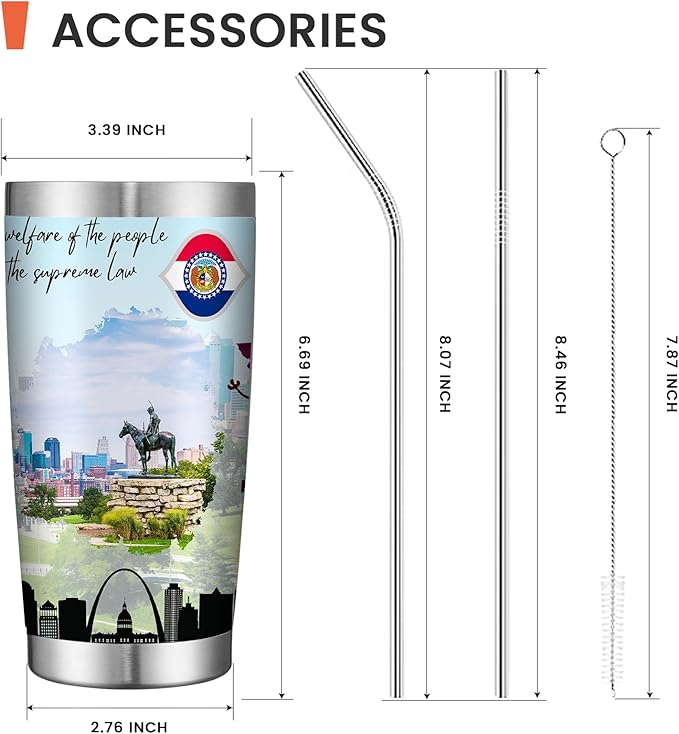 20oz Insulated Tumbler Missouri State Coffee Mug, United States Map Travel Mug Landmark, Birthday Gifts Cute Custom Tumbler Cups with Lid and Straw Mothers Day Gifts