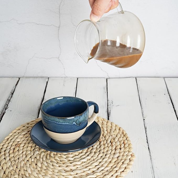 Bosmarlin Ceramic Cappuccino Cup and Saucer Set of 2, 10 Oz, Coffee Cups for Latte, Espresso, Tea, Dishwasher and Microwave Safe, Reavtive Glaze (Deep Blue)
