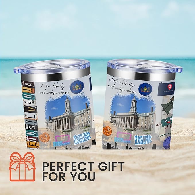 12oz Coffee Mug Pennsylvania State Insulated Coffee Cups, United States Map Travel Mug Landmark, Birthday Gifts Cute Mugs with Lid and Straw Gifts for Mom