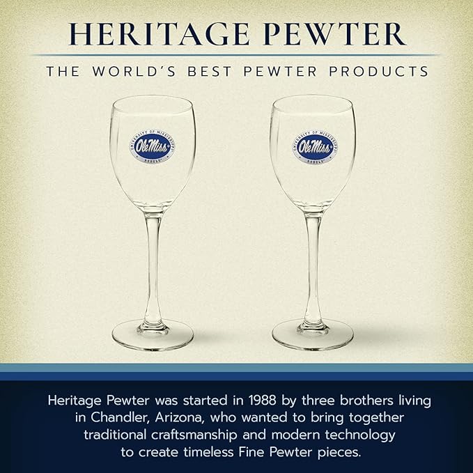 Heritage Pewter Ole Miss Rebels Glass Goblets – Set of 2 | 12 OZ Goblet Wine Glasses | Expertly Crafted Pewter Glass