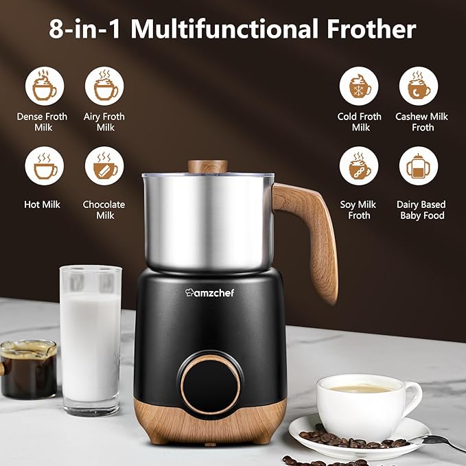AMZCHEF 8-IN-1 Milk Frother and Steamer 550 Watts, 21 oz Split Stainless Steel Automatic Steamer, Milk's Warmer for Latte, Cappuccino, Hot and Cold Froth, Heated Milk, Hot Chocolate, Baby Food silver