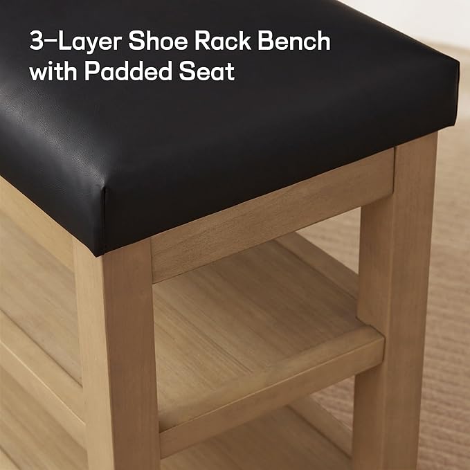 Shoe Rack Bench with Leather Cushion, 2 Tier Solid Wood Storage Bench, Mid-Century Modern Shoe Bench for Entryway, Hallway, Closet, Front Door Entrance, Foyer (Black, 39.4")