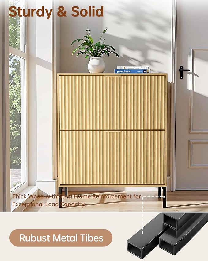 Fluted Shoe Cabinet, Shoe Storage Cabinet for Entryway with 2 Flip Drawers, Hidden Shoe Organizer with Metal Leg, Mid-Century Modern Narrow Shoe Rack for Living Room (Nature)