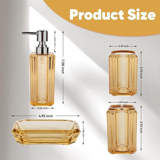 4 Piece Premium Acrylic Bathroom Accessory Set, Hand Sanitizer Bottle, Lotion Can Bathroom Suit, Separate Bottle Soap Box, Mouthwash Cup, Toothbrush Cup (Champagne Gold)