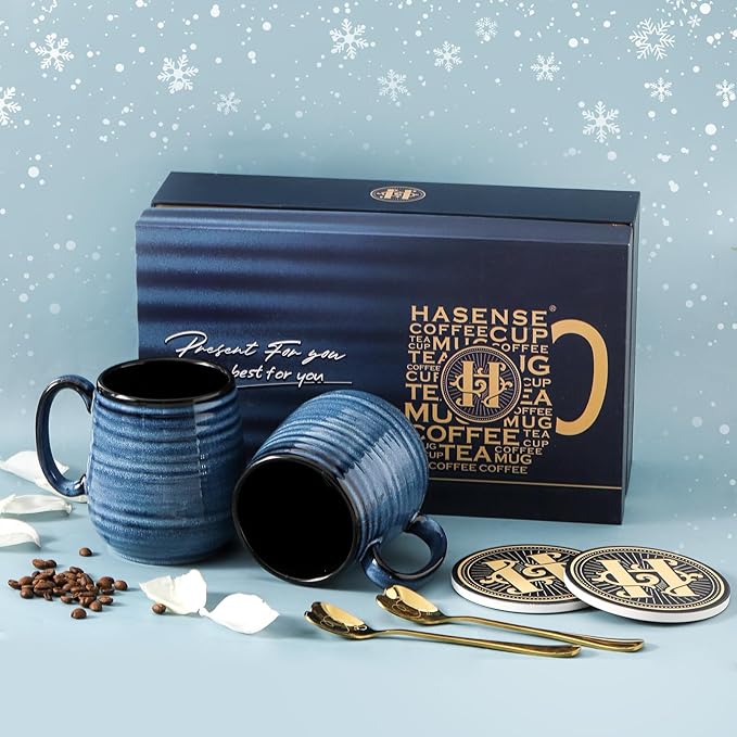 HASENSE Coffee Mugs Gift Set, 20 oz Ceramic Coffee Cups for Men and Women, Premium Large Tea Cups Gift Box with Coaster & Gold Spoon, Blue Couple Mugs for Christmas Thanksgiving