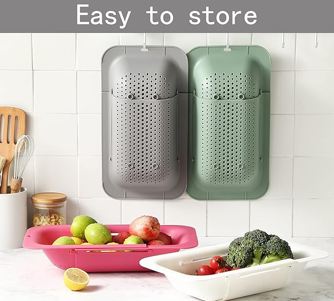Adjustable Over the Sink Colander Strainer, Silicone Clip On Strainer for Pots Strainers and Colanders Plastic Drainer Basket for Food Pasta Vegetables Kitchen, Extendable 14.5"-19.5", Black