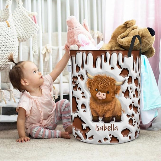 callie Personalized Highland Cow Laundry Basket for Kids, Waterproof Collapsible Laundry Hamper, Clothes Toys Storage Bin for Bedroom Nursery (13.8" x 16.5", 15.7" x 19.6")