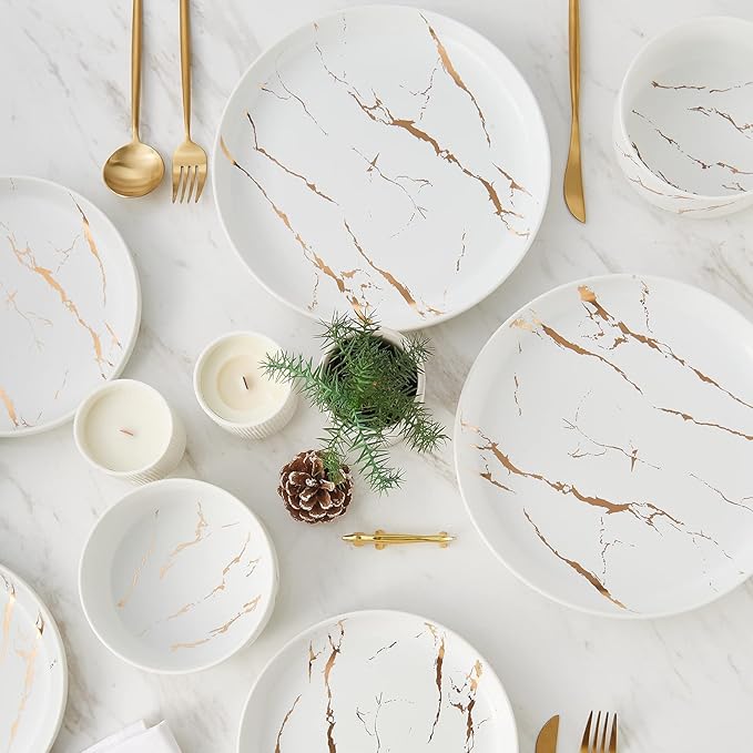 White Gold Splash Dinnerware Sets, 12 Pieces Fine China Marble Plates and Bowls Sets, Modern Porcelain Dish Set for 4, Luxury Dinner Set for Formal Dinners and Weddings