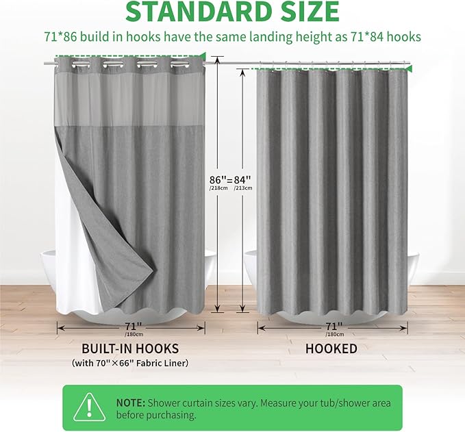 Extra Long No Hooks Needed Linen Textured Shower Curtain with Snap-in Fabric Liner Set,Grey Hotel Luxury Decor Shower Curtains for Bathroom,Waterproof & Washable,71Wx86H