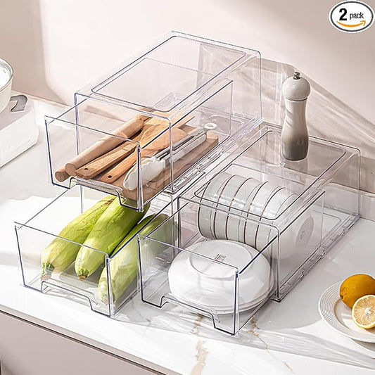 Clear Stackable Refrigerator Organizers and Storage Drawers - Pull-Out Fridge Bins with Anti-Slip Base & Easy Clean, Plastic Organizers for Kitchen Pantry Cabinet Closet ﻿ (2XL)
