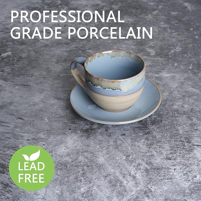Bosmarlin Ceramic Cappuccino Cup and Saucer Set of 2, 10 Oz, Coffee Cups for Latte, Espresso, Tea, Dishwasher and Microwave Safe, Reavtive Glaze (Light Blue)