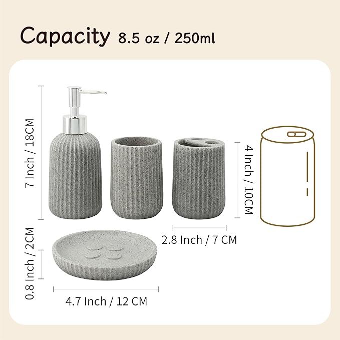 4-Piece Bathroom Accessory Set - Modern Resin & Sandstone Collection - Includes Soap Dispenser 8.5oz, Toothbrush Holder, Tumbler, Soap Dish (Grey)