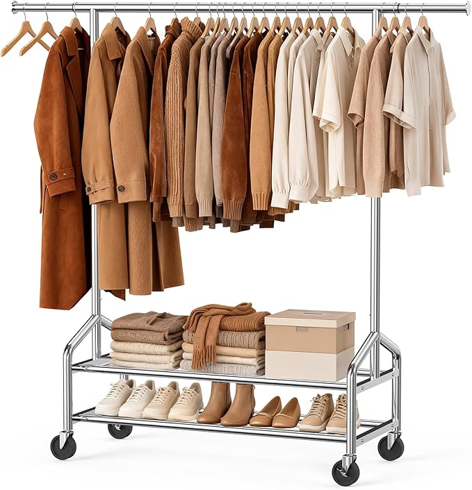 Heavy Duty Clothes Rack, Rolling Clothing Rack for Hanging Clothes with 2 Sturdy Shelves Load 650 LBS, Metal Garment Rack with Wheels for Bedroom, Laundry Room, Retail Store, Silver