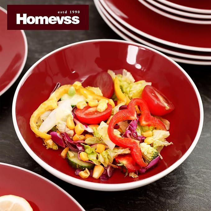 Stoneware Coupe Shape 12pc Dinnerware Set, Outside White + Inside Red