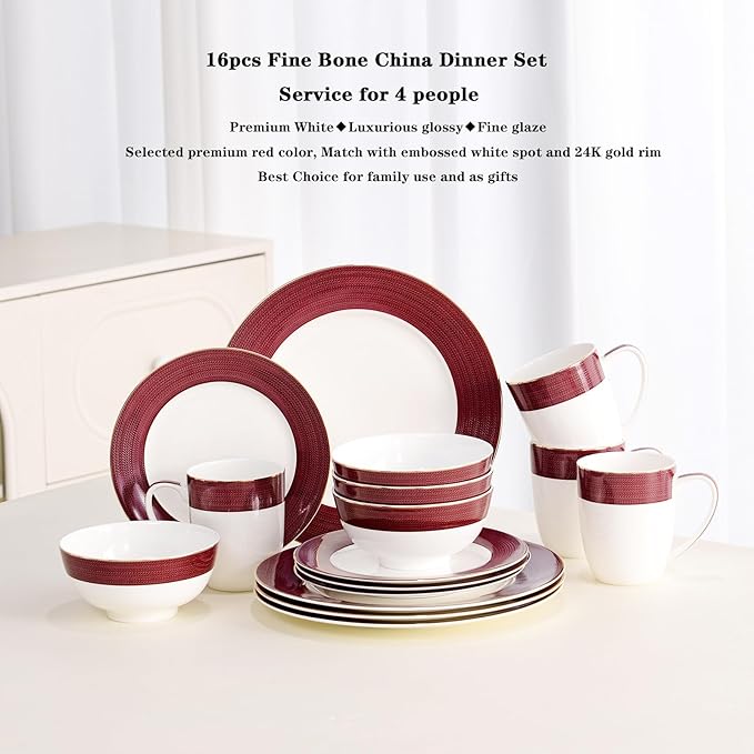 16-Piece Fine Bone China Dinnerware Set, Dinner Plates,Bowls and Mugs Set, Dishware Set for 4, With Selected Christmas Premium Red and Green pattern, White Embossed Spot Ornament and Gold Rim
