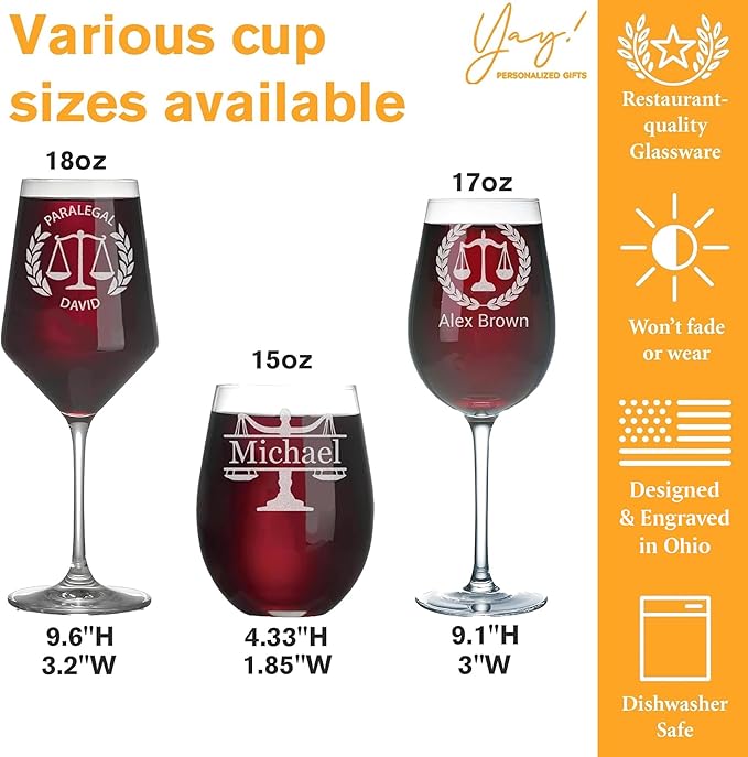 Personalized Lawyer Gifts for Women, Custom Wine Glass, Pass the Bar Exam Gifts for Female Lawyers, Office Present for Attorney, JD, Future Lawyer, Law School Graduation Gift for Women