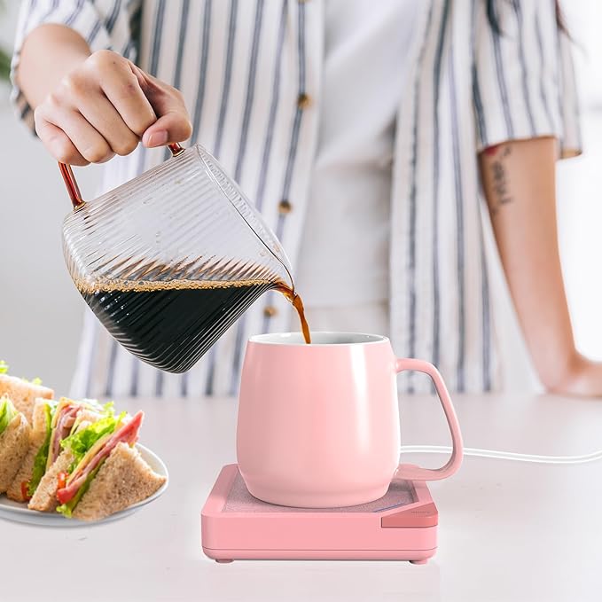 Coffee Mug Warmer Set: Coffee Warmer for Desk Auto Shut Off Candle Warmer Plate Electric Beverage Coffee Cup Warmer Heated Coffee Mug for Coffee,Tea, Milk Up to 131°F/55°C (Light Pink)