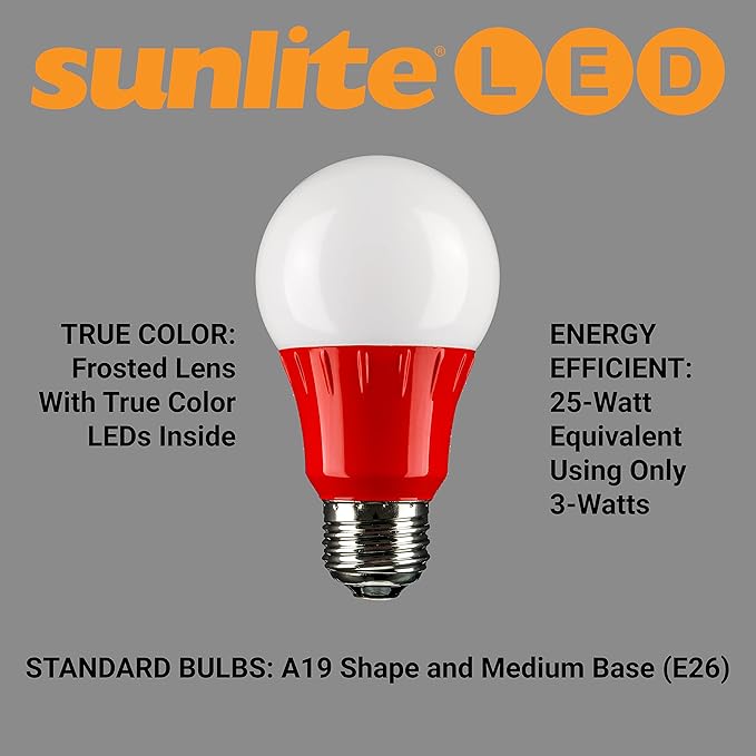 Sunlite 80148 LED A19 Colored Light Bulb, 3 Watts (25w Equivalent), E26 Medium Base, Non-Dimmable, UL Listed, Party Decoration, Holiday Lighting, 1 Count, Red (Pack of 2)