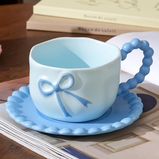 Bow Coffee Mug Blue Coquette Coffee Mugs Set with Saucer 12 OZ Porcelain Tea Cup Bow Cute Mug for Women Girl