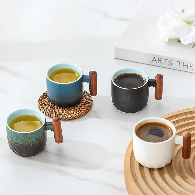 Porcelain Espresso Cups Set of 2, Small Tea Cups, 2 oz Ceramic Espresso Cups with Wooden Handle
