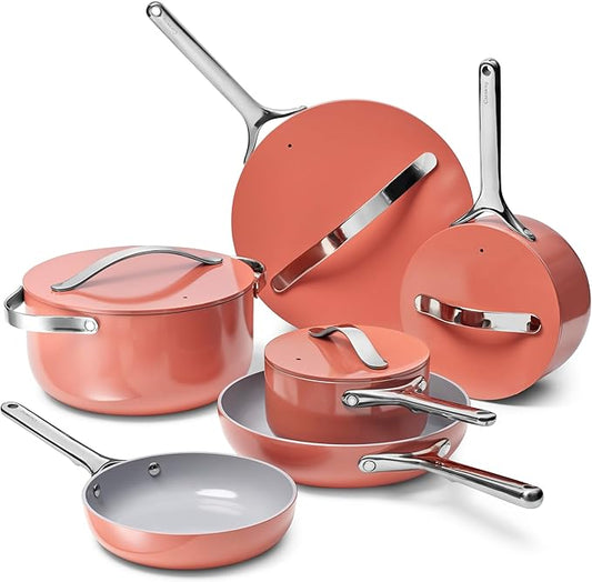 Caraway Deluxe Non-stick Ceramic Cookware Set (16 Piece) Pots, Frying Pans, Lids and Kitchen Storage - PFAS & PFOA Free - Oven Safe Pan Set & Compatible with All Stovetops - Perracotta