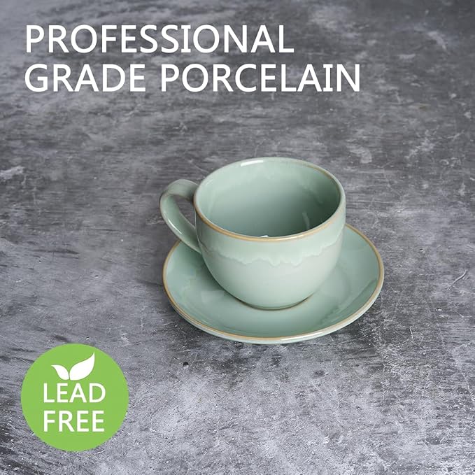 Bosmarlin Ceramic Cappuccino Cup and Saucer Set of 2, 10 Oz, Coffee Cups for Latte, Espresso, Tea, Dishwasher and Microwave Safe, Reavtive Glaze (Green)