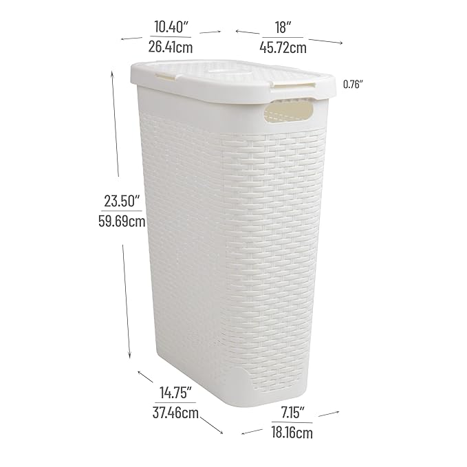 Mind Reader Slim Laundry Hamper with Lid, 40L Clothes Basket, Premium Wicker Design, Plastic, Set of 2, White