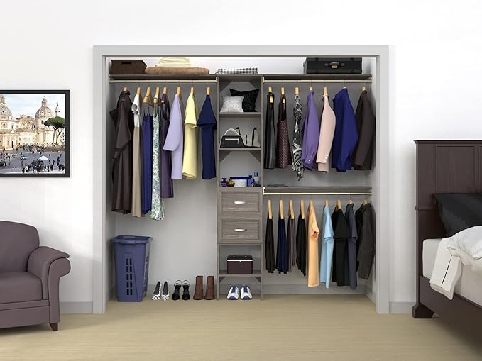 ClosetMaid SuiteSymphony Wood Closet Organizer Kit with Tower 3 Hang Rods, Top Shelves, 2 Drawers, Adjustable, Fits Spaces 5-9 ft. Wide, Graphite Grey