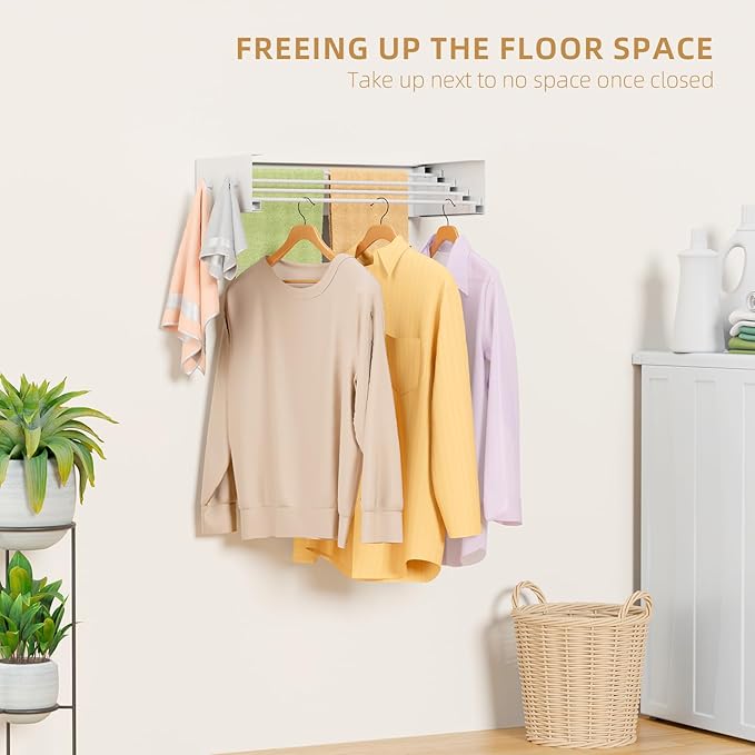 Upgrade Laundry Drying Rack, 23.6" Drying Rack Clothing Wall Mounted,Foldable, 4 Aluminum Rods with 4 Hooks, Space-Saving White Collapsible Drying Racks Hanger for Laundry Bathroom